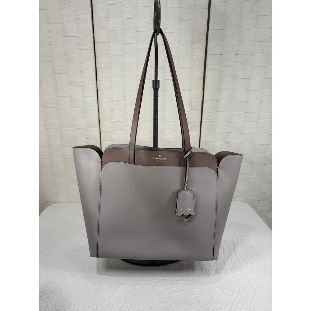 Kate Spade Magnolia Street Double Pocket Tote soft taupe leather keychain